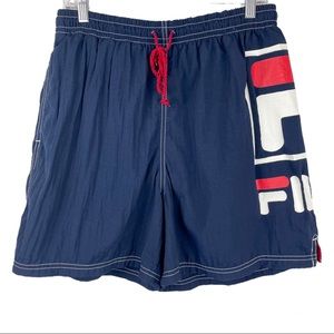 Vintage FILA Mens Blue Nylon Swim Trunks Logo Sz Large